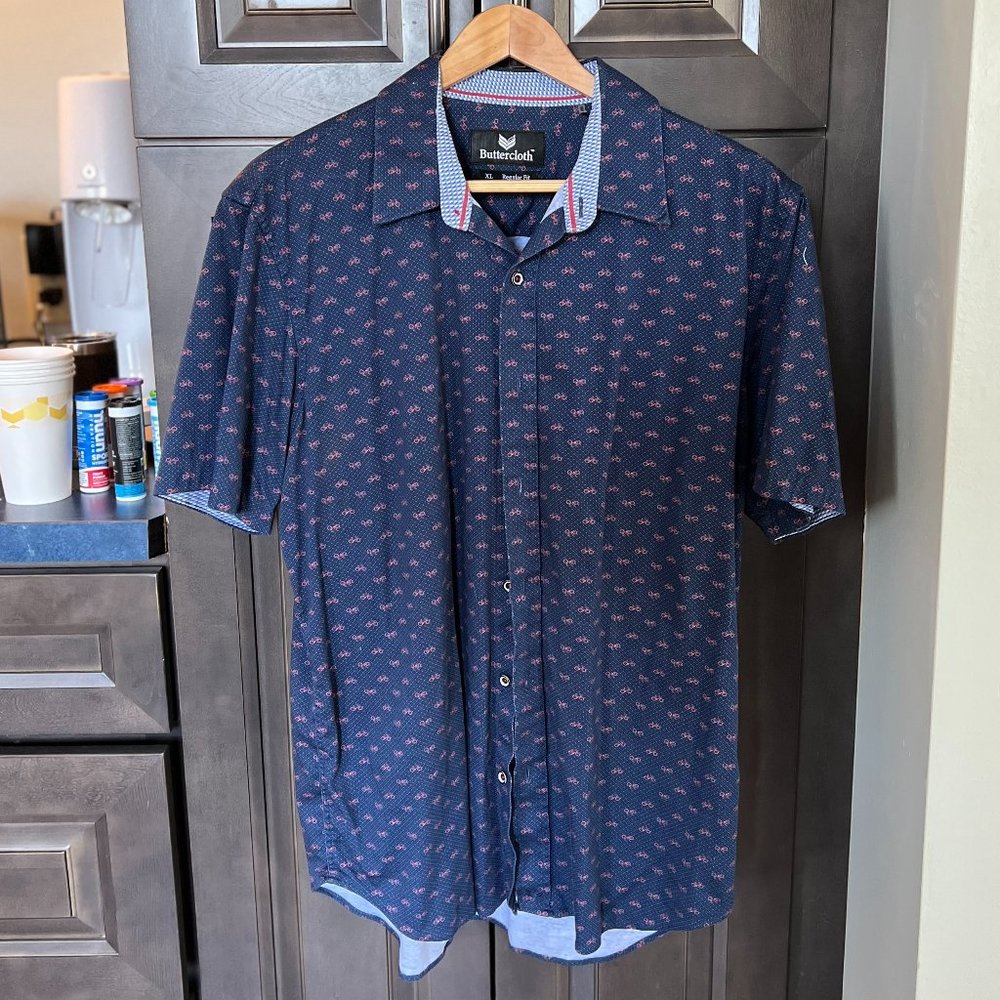 Buttercloth Men's Short Sleeve Button Up Shirt Venice Trail in Blue // XL